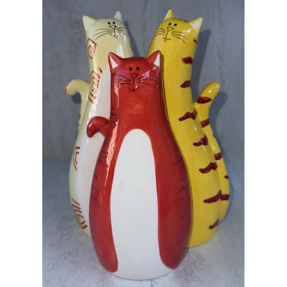 Bella Casa Whimsical Triple Cat Figurine Colorful Handpainted 9